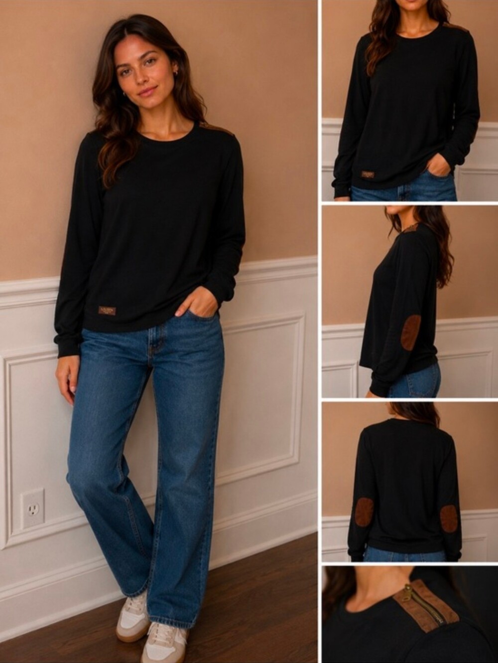 Ralph Lauren Women's Black Long-Sleeve Crewneck Top with Tan Suede Elbow Patches